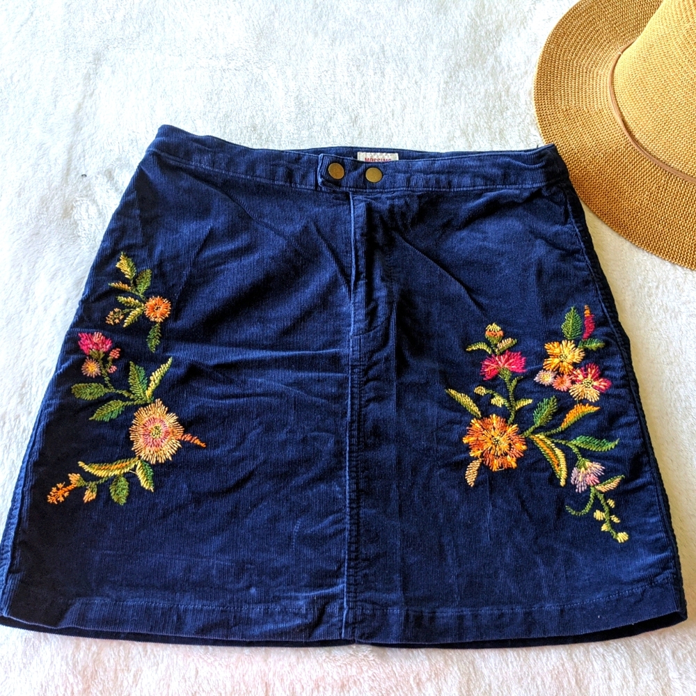 Blue Embroidered Corduroy Mini Skirt